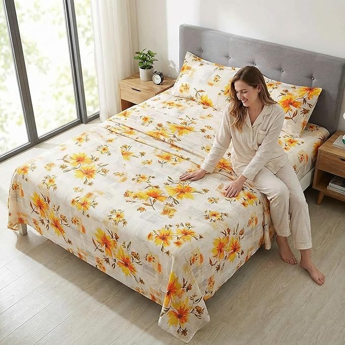 JSD Fall Floral Sheet Set Full Size, 4 Piece Yellow Printed Microfiber Bedding Sheets Extra Deep Pocket