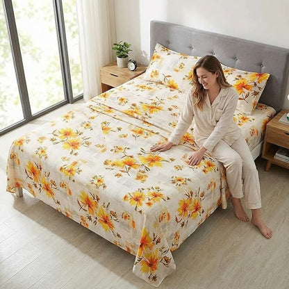 JSD Fall Floral Sheet Set Full Size, 4 Piece Yellow Printed Microfiber Bedding Sheets Extra Deep Pocket