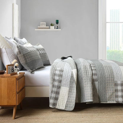 PANGUSHAN Quilts Set Queen Size,100% Cotton Patchwork Plaid Queen Quilt Bedding Set Bedspread for Queen Bed,Grey(Gray)/Cream/Khaki Farmhouse Rustic Reversible Lightweight Comforter Bed Cover,3 Pieces