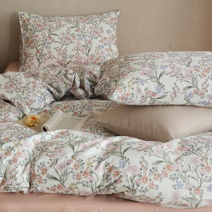 Floral Full Bed Comforter for Girls Cute Bedding Set Cotton Down Alternative Fluffy Boho Bedding Comforter Sets Cottage Core Farmhouse Lightweight Soft Bed Comforter with 2 Pillowcases