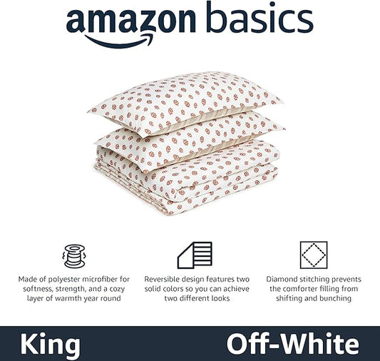 Amazon Basics Lightweight Polyester Microfiber Comforter Set, 3-Pieces, Off White Floral, King