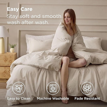 Bedsure 100% Washed Cotton Duvet Cover Oversized King - Oatmeal Minimalist Bedding Set Linen Like - PureWoven Plain Simple & Soft Comforter Cover for All Seasons, Oatmeal, Oversized King, 120"x98"