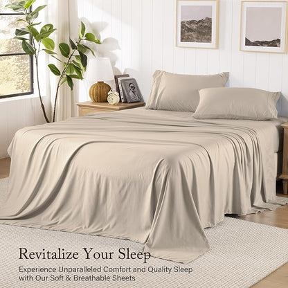 ROSE&RISY Khaki Sheets Queen Sheet Set, Pre-Washed Cotton-Like Brushed Microfiber, 4 Pcs Super Soft Breathable Cooling Bed Sets,Includes 1 Fitted, 1 Flat, 2 Pillowcases (Khaki, Queen)