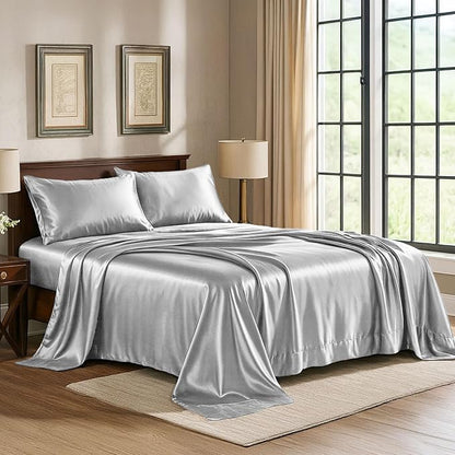 Satin Sheets California King [4-Piece, Grey] Luxury Silky Bed Sheets - Extra Soft 1800 Microfiber Sheet Set, Wrinkle, Fade, Stain Resistant - Deep Pocket Fitted Sheet, Flat Sheet, Pillow Cases
