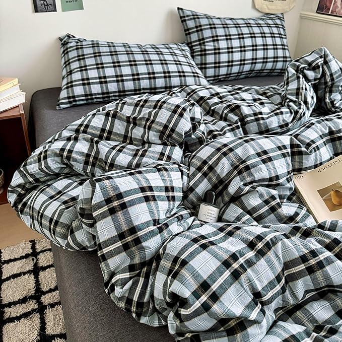 MKXI Twin XL Buffalo Plaid Duvet Cover - Washed Cotton Farmhouse Bedding Set, Lightweight Breathable Reversible Comforter Cover, Gray Black Yellow Checkered