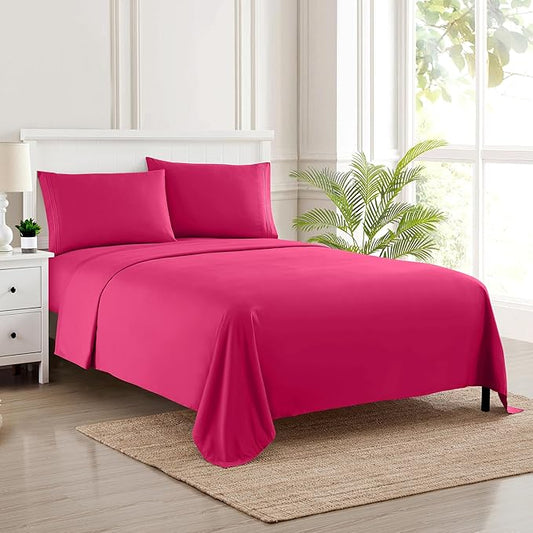 Queen Size Sheet Set with Built-in Sheet Straps - Deep Pocket Fitted Sheet, Flat Sheet & Pillowcases - Soft, Wrinkle-Free, Secure Fit - Fuschia