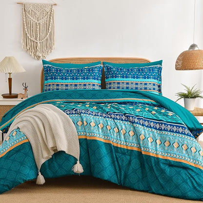 Comforter Set King Size Boho,7 Pieces Bohemian Bedding Comforter Set Striped Bed in a Bag,Turquoise Blue Paisley Floral Comfortet and Sheet Set,Soft Microfiber Bedding Sets for All Season