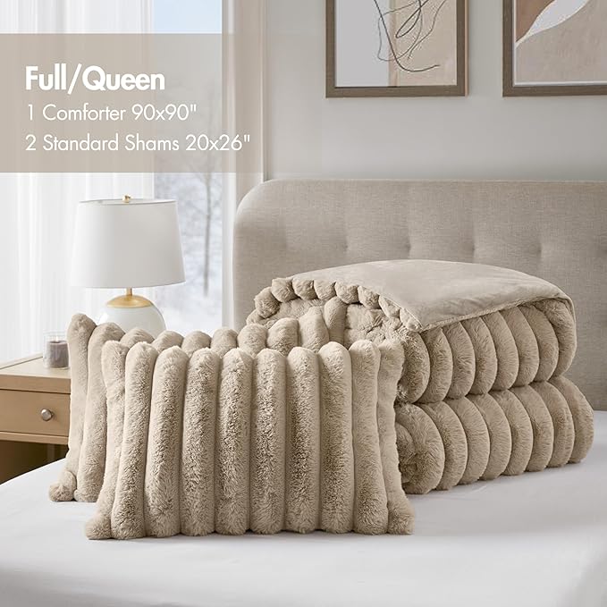Madison Park Jasmine Queen Comforter Set, Luxurious Reversible Faux Fur Plush Ribbed Velvet Bedding, Fuzzy Thick Warm Winter Comforter, Super Soft Fluffy 3-Piece Set Taupe