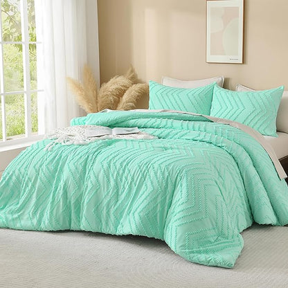 Andency Mint Green Comforter Set King Size, Boho Soft Warm Tufted Bedding Comforter Sets for King Size Bed, 3 Pieces Aesthetic Chevron Farmhouse Cute Bohemian Textured Bedding Set