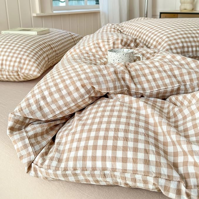 LifeTB Tan Gingham Comforter Set Full Modern Style Beige Plaid Comforter Set 3 Pieces Soft Fluffy Grid Checkered Pattern Comforter with 2 Pillowcases Farmhouse Gingham Bedding Comforter Full