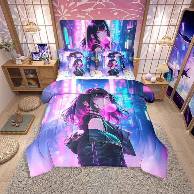 Erosebridal 7 Piece Anime Girl Comforter Set with Sheet Twin Size, Kawaii Japanese Anime Bedding Set for Kids Boys Teens Adult Women, Cartoon Girl Bed in a Bag Japan Animation Bedroom Decor