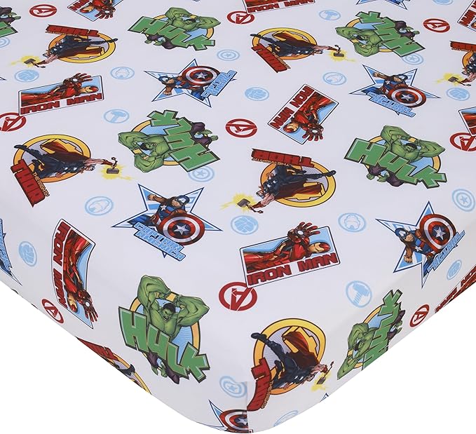 NoJo Marvel The Avengers I Am A Hero Blue, Green, Red, and Yellow 4 Piece Toddler Bed Set - Comforter, Fitted Bottom Sheet, Flat Top Sheet, and Reversible Pillowcase