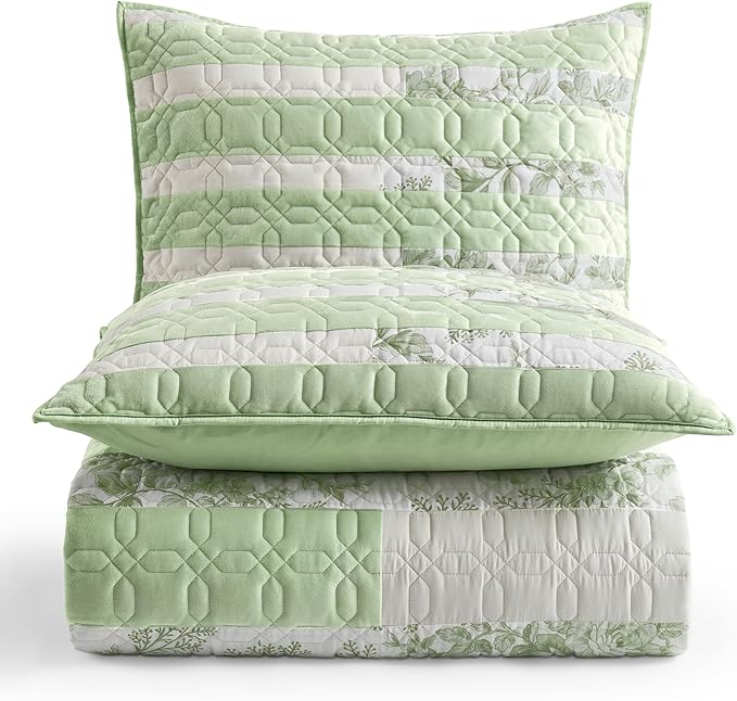 Wonderful Sage Green Patchwork Spring Quilt Queen - Real Stitched Cotton Velvet Microfiber Mixed Bedding - 3-Piece Piano Key Splicing Floral Bedspread - Lightweight Geometric Quilted Coverlet | Breathable Material, Soft Touch, Wrinkle-Resistant, Machin...