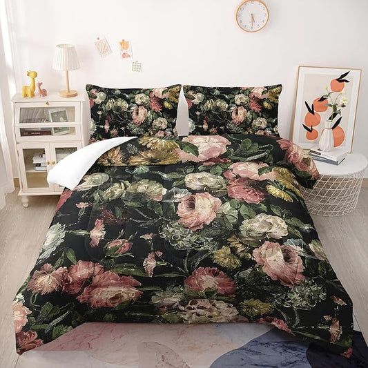 Boho Floral Comforter Set Twin Black Floral Bedding Sets 3PCS for Kids Teen Adult Flowers Leaves Room Decor Ultra-Soft Lightweight Microfiber 1 Comforter with 2 Pillowcases