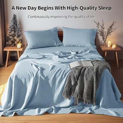 LBRO2M 100% Pure Linen Sheet Set Deep Pocket Up to 16" Bed Sheets Sets, Natural Flax Beddings Soft, Breathable, Comfortable for All Seasons Twin XL Size, Dusty Blue