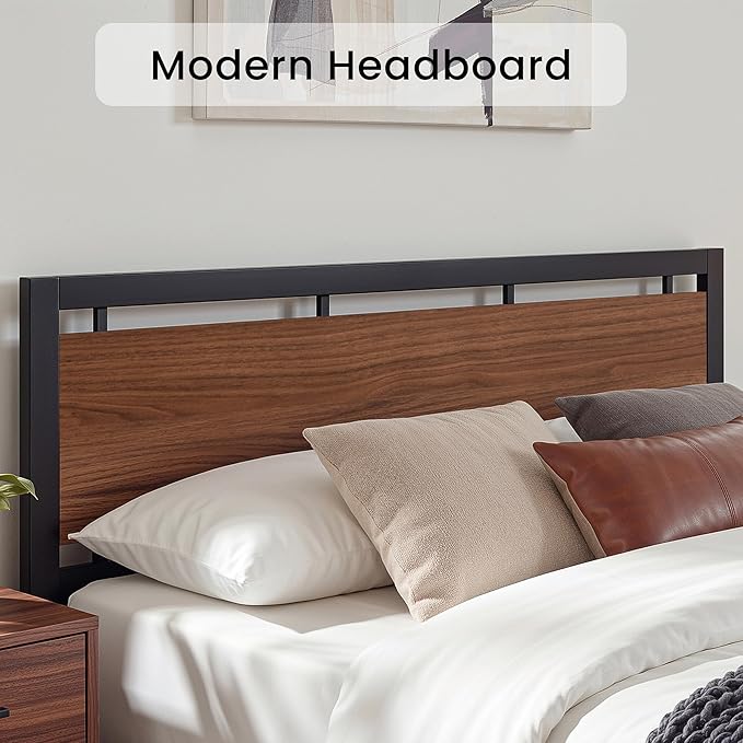 LIKIMIO King Bed Frame with Headboard and Footboard, Metal Strong Supports, Easy Assembly, Noise-Free, No Box Spring Needed, Dark Walnut