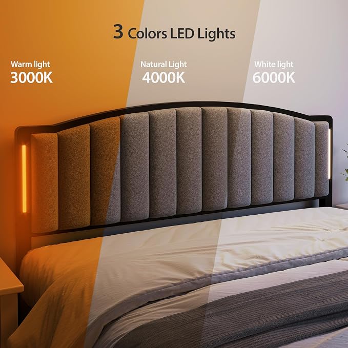 Headboard for Queen Size Bed with LED Lights, Upholstered Vertical Channel Tufting Head Boards, Linen Fabric Bed Headboard Only, Attach Frame, Ideal for Bedroom, Dorm, Guest Room, Grey