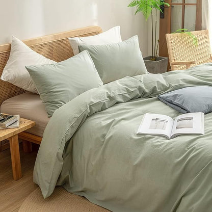BESTOUCH Duvet Cover Set 100% Washed Cotton Linen Feel Super Soft Comfortable Chic Lightweight 3 PCs Home Bedding Set Solid Sage Green Alaska King
