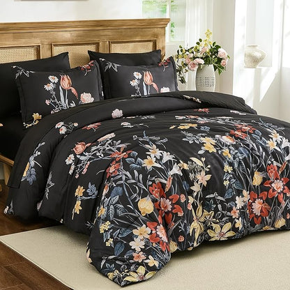 WONGS BEDDING Queen Comforter Set 7 Piece, Black Floral Bed in a Bag Bedding Set with Botanical Flowers Patterns, Soft Lightweight Complete Comforters with Sheets for All Season