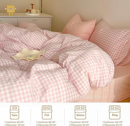 BOLINLIVING Gingham Queen Comforter Set 3 Pieces, Soft Breathable Bed in a Bag Queen Size, Pink White Checkered Plaid Bedding Set for All Season, 1 Comforter & 2 Pillowcases