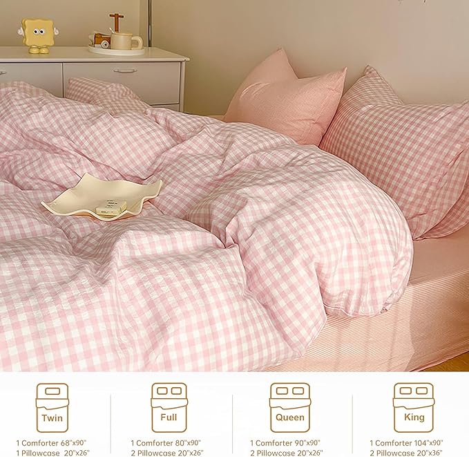 BOLINLIVING Gingham Full Comforter Set, Soft Breathable Bed in a Bag King Size 3 Pieces, Pink White White Checkered Plaid Bedding Set for All Season, 1 Comforter & 2 Pillowcases