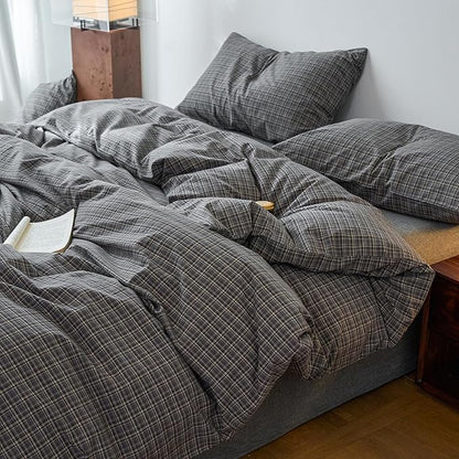 EAVD Vintage Style Grey Plaid Gingham Duvet Cover Queen 100% Washed Cotton Like Linen Feel Soft Grid Plaid Bedding Set with 2 Pillowcases Farmhouse Grid Geometric Pattern Duvet Cover with Zipper