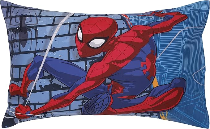 Disney Marvel Spiderman Wall Crawler Red, White, and Blue Spider Webs 4 Piece Toddler Bed Set - Comforter, Fitted Bottom Sheet, Flat Top Sheet, and Reversible Pillowcase