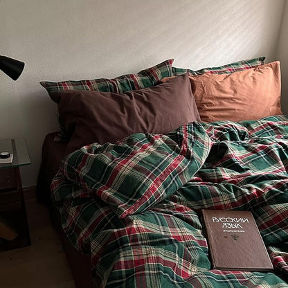 MKXI Vintage Buffalo Plaid Duvet Cover Set 3-Piece | 100% Washed Cotton Reversible Bedding Green/Red Checkered Twin Size with Zipper & Corner Ties Farmhouse & Shabby Chic Design
