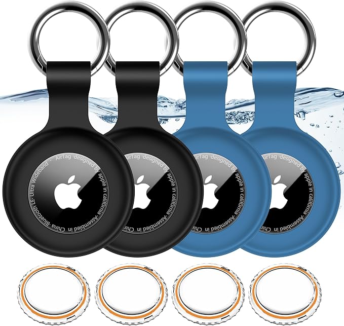 1|2|4Pack for Apple AirTag Holder with Keychain for Air Tag 2nd/1st Gen | Waterproof Air Tag Cover GPS Tracker Anti-Scratch Silicone Air-Tag Case for Pets,Kids,Luggages-Black+Black+Blue+Blue
