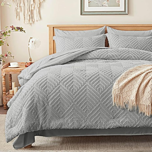 Zzlpp King Comforter Set 7 Pieces, Light Grey Tufted Bed in a Bag with Comforter and Sheets, All Season Boho Bedding Sets with Comforter, 2 Pillow Shams, 2 Pillowcases, 1 Flat Sheet, 1 Fitted Sheet
