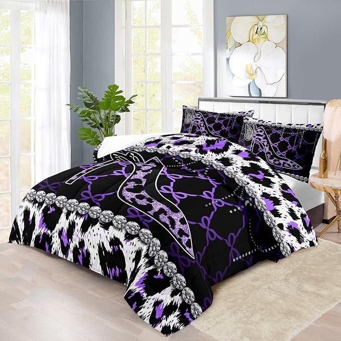 Purple Cheetah Print Comforter Set Queen Women Sexy High Heels Leopard Print Bedding Set Girls High Heels Leopard Comforter Quilt Animal Bedroom Decor Cheetah Bedding Bed Decor