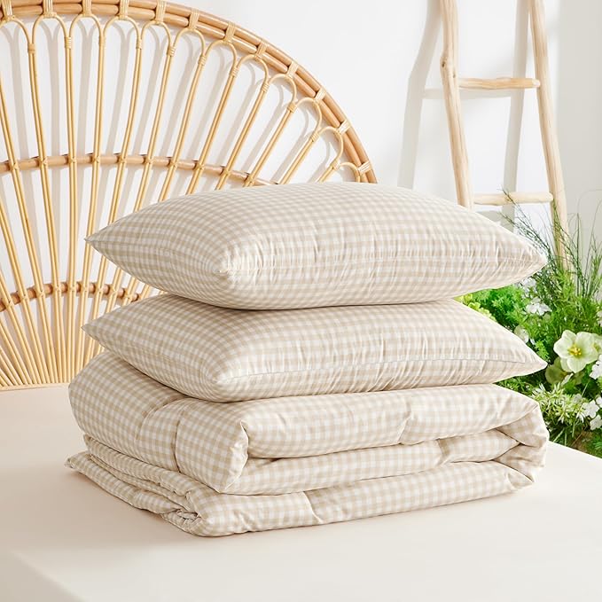 Gingham Comforter Set Queen Size - 3 Pieces Beige White Gingham Comforter Bedding Sets Checkered Pattern,Queen Bed in a Bag with Plaid Comforter and 2 Pillowcases