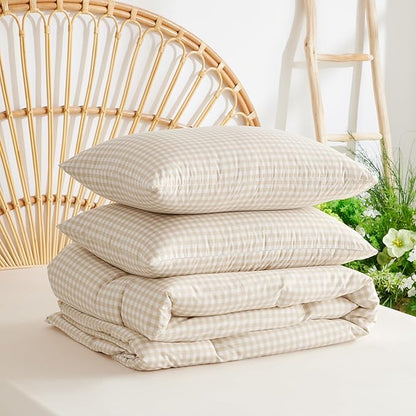Gingham Comforter Set Queen Size - 3 Pieces Beige White Gingham Comforter Bedding Sets Checkered Pattern,Queen Bed in a Bag with Plaid Comforter and 2 Pillowcases