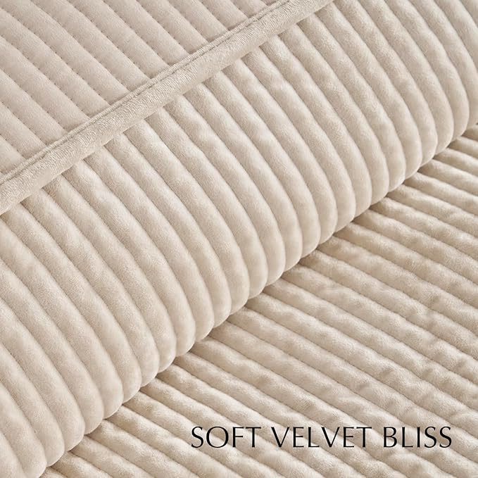 EVERGRACE Velvet Quilt Set King Size, Luxurious Soft Quilted Bedding Sets, Lightweight Velvet Comforter for All Season, Striped Channel Bedspread Coverlet with 2 Shams, 104" x 92", Light Sand