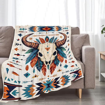 Western Cattle Skull Blanket Super Soft Warm Fluffy Fleece Flannel Throw Blanket Cozy Fuzzy Plush Stuff Bedding Blankets Gifts for Women Kids Boys Girls Adults 80"X60"