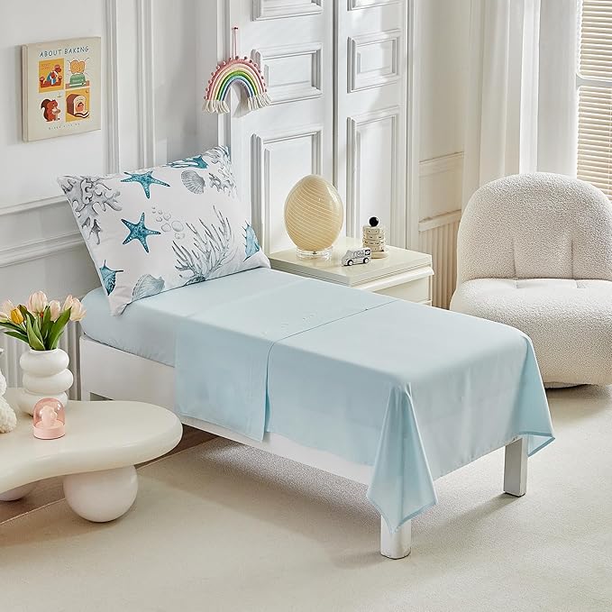 White Toddler Bedding Set for Boys Girls Water Blue Colorful Ocean Starfish Shell Aquatic Plant 4PC Toddler Bed Set - Soft Blue Cute Toddler White Bed in a Bag with Sheet Set and Pillow Shams