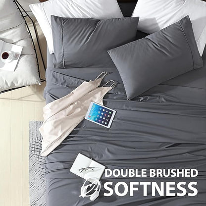 Cathay Home Essentials Ultra Soft Hypoallergenic Wrinkle Resistant Double Brushed Microfiber Bedding Sheet Set, Gray, Queen