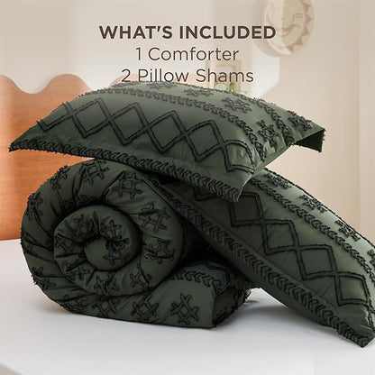 Bedsure Tufted Boho Comforter Set Queen Size - Olive Green Boho Bed Set, GentleSoft™ 3 Pieces Farmhouse Shabby Chic, Home Decor Bedding, Gifts for Woman, Soft Jacquard Queen Comforter for All Seasons