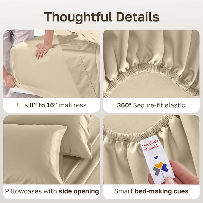 California Design Den Natural 100% Cotton Sheets King Size Set - 500 Thread Count Sateen, King Sheet Set, Fully Elasticized Deep Pockets for a Snug Fit, Breathable Bedding - Beige