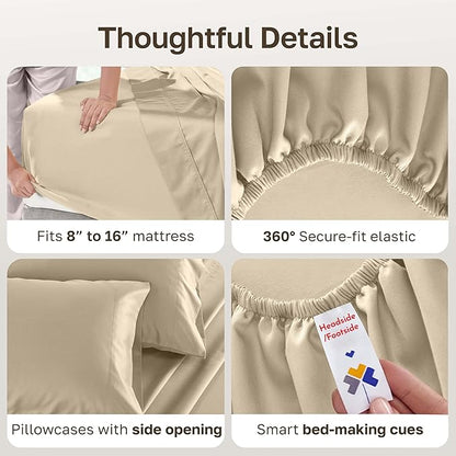 California Design Den Natural 100% Cotton Sheets Queen Size Bed Set - 500 Thread Count Sateen, Fully Elasticized Deep Pockets for a Snug Fit, Breathable Bedding - Beige
