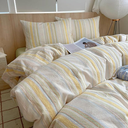 EAVD Retro Striped Duvet Cover Twin Soft Washed Cotton Bedding Set 3-Piece Colorful Pinstriped Bedding Set with 2 Pillowcases Modern Farmhouse Geometric Duvet Cover with Zipper Closure