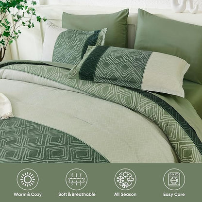 Dinjoy Queen Comforter Set Green, 7 Piece Boho Bed in a Bag Queen Size Striped Fall Bedding Sets Comforters with Plaid Bed Set with Sheets for Women Family