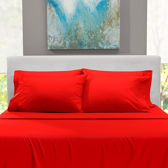 Hearth & Harbor Extra Deep Pocket Sheets - Fits Mattress 18-24 Inches Deep - Extra Deep Pocket Split King Size Sets - 7 Piece Split King Size - Cherry Red