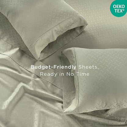 Threadmill Cotton Full Size Sheet Set | 100% Cotton Sheets for Full Size Bed | Damask Jacquard Full Bed Sheets Set with 16” Deep Pocket | Soft Sateen Weave 4-Piece Cooling Bedding Set | Sage Green