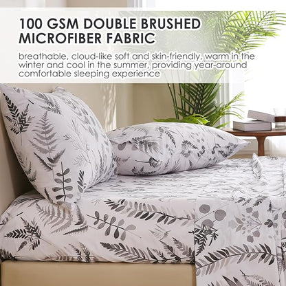 JSD Boho Floral Sheet Set Full Size, 4 Piece Grey Herbs Ferns Printed Microfiber Bed Sheets Deep Pocket