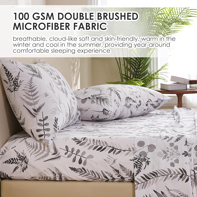 JSD Boho Floral Sheet Set Cal King, 4 Piece Grey Herbs Ferns Printed Microfiber Bed Sheets Deep Pocket