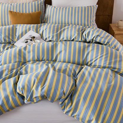 Merryword 100% Cotton Duvet Cover Set King Size, Blue & Yellow Striped Bedding Set with Zipper Closure and 8 Corner Ties, Modern Coastal Style Comforter Cover Set 3 Pieces