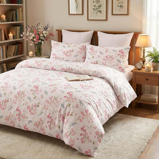 Nayoroom Pink Floral Comforter Set Queen Size Spring Botanical Blooms Flower Comforter 3 Pieces Soft Lightweight Aesthetic Bedding Set for All Seasons