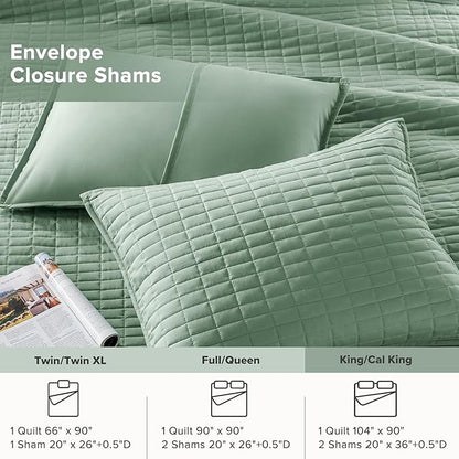 Comfort Spaces Kienna Quilt Set- Double Sided Stitching Design Summer Blanket, Lightweight, Soft, All Season Bedding Layer, Matching Sham, Sage Green, Coverlet King (104"x90") 3 Piece