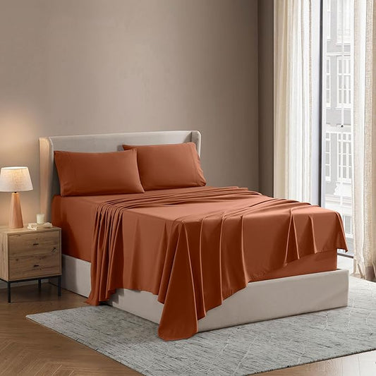 Nestl Short Queen Sheet Set - 1800 Ultra-Soft Microfiber - Double Brushed - Deep Pockets - Easy Fit - 4 Piece Set - Bed Sheets (Short Queen, Rust)